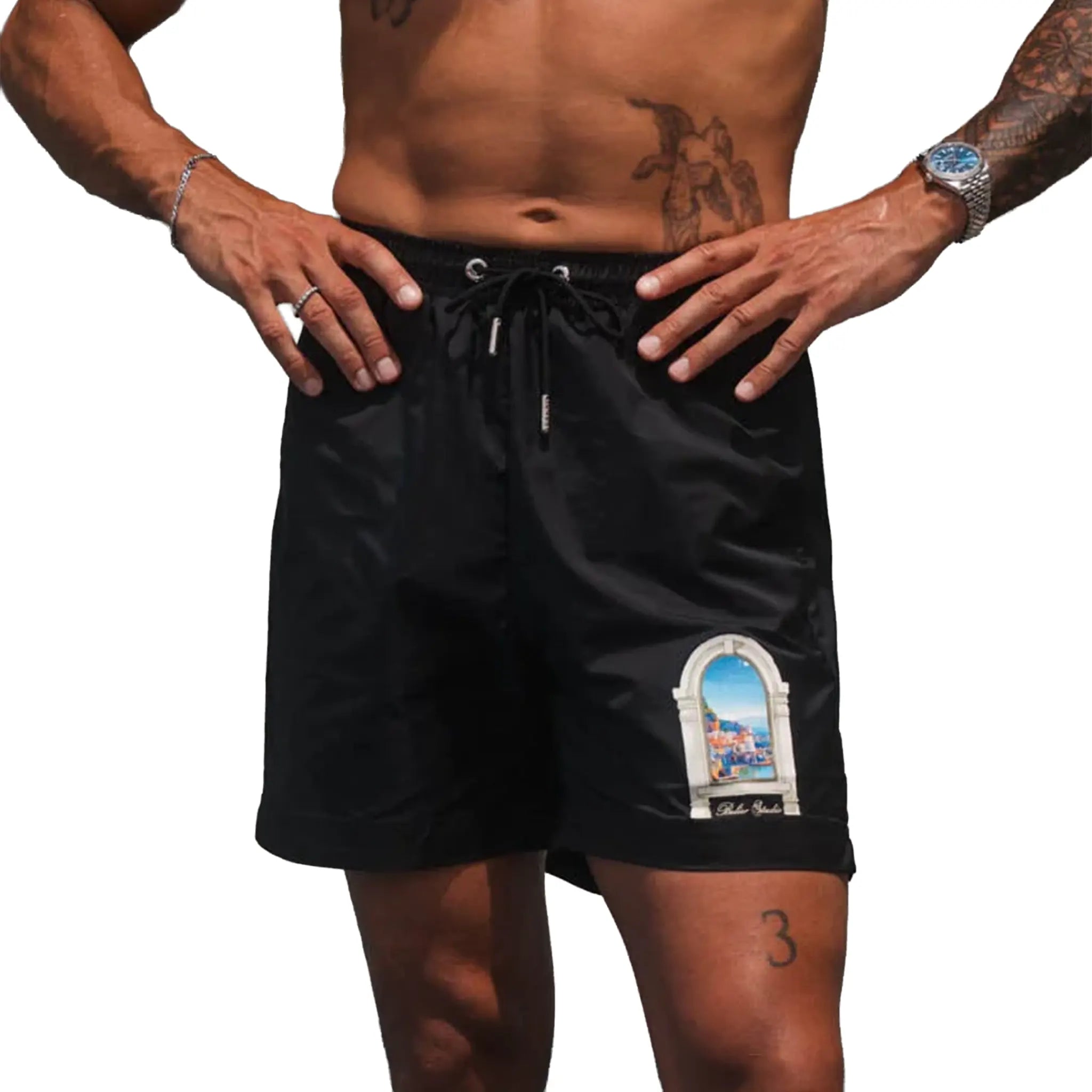 Front View of Belier Amalfi Arch Black Swim Shorts